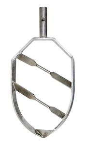 A Varimixer flat beater designed for a 30 qt. bowl, this metal attachment features an oval shape with three angled, flat blades and a cylindrical shaft for secure fitting. Its shiny metallic surface ensures efficient mixing in large stand mixers.