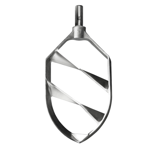 A metal Aluminum Beater attachment for a stand mixer, shaped like an elongated oval with three angled crossbars and an attachment point at the top. Designed for the 150Q ERGO Mixer by Varimixer, it features a sleek, polished surface and sturdy construction.