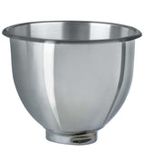 A shiny, 5 qt. Varimixer stainless steel mixing bowl with a wide rim and rounded base. Its reflective surface gleams as it sits empty on a white background.