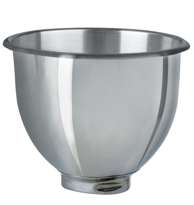 A shiny, 5 qt. Varimixer stainless steel mixing bowl with a wide rim and rounded base. Its reflective surface gleams as it sits empty on a white background.
