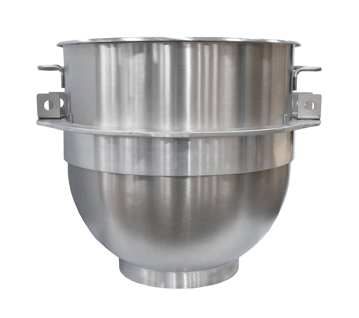 A large 150Q ERGO mixer stainless steel bowl with a flat rim, reinforced band, two side handles, and a cylindrical base—designed for commercial kitchen mixers. The smooth, reflective surface ensures durability and easy cleaning.