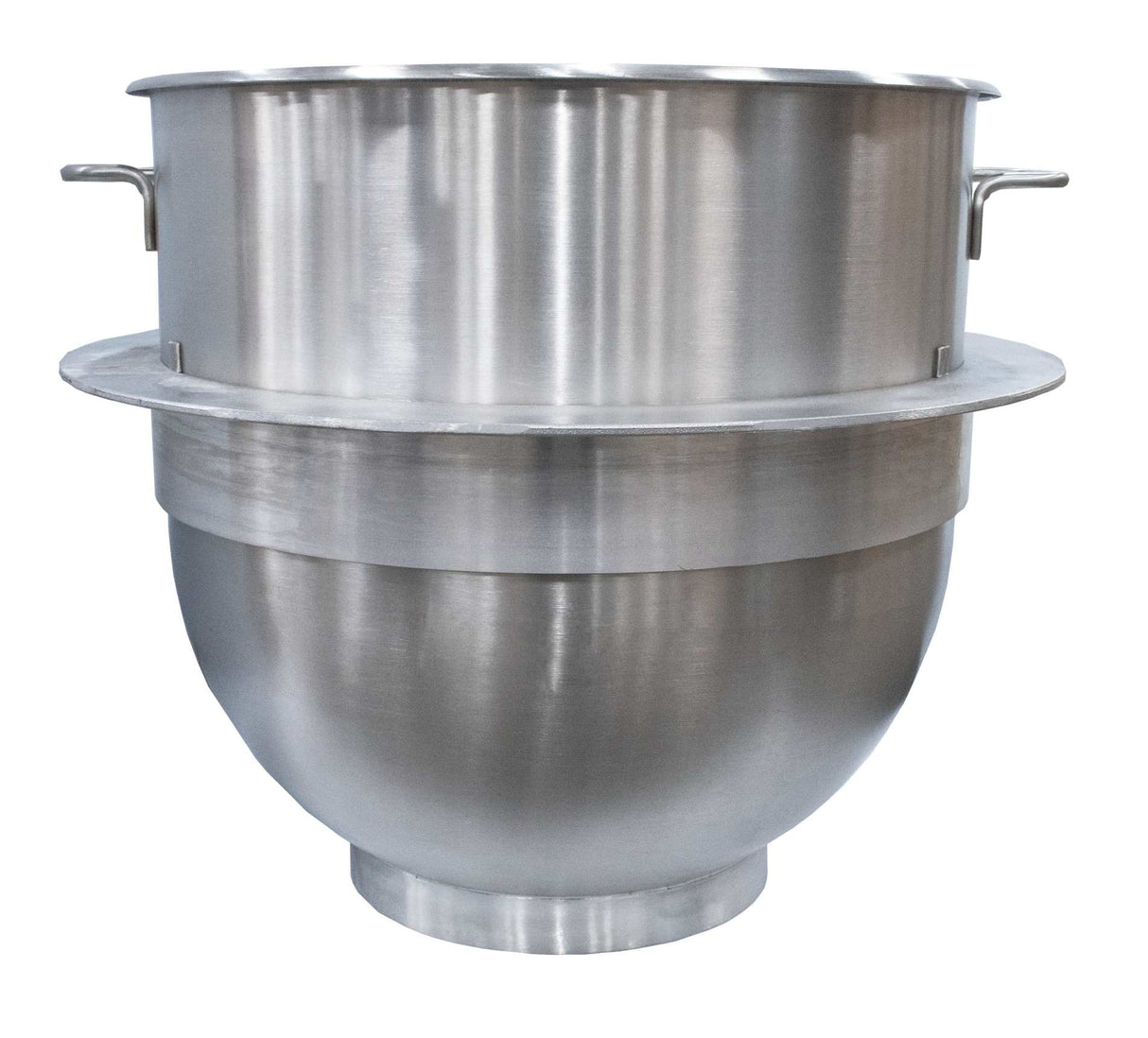 A large, shiny Stainless Steel Bowl with two side handles and a wide rim fits the 150Q ERGO Mixer by Varimixer. The bowl has a cylindrical upper section and rounded lower section, ideal for commercial food preparation equipment.