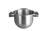 A shiny, silver stainless steel pot resembling a mixer bowl, with two wide, flat handles and a slightly flared rim. The empty pot is positioned on a plain white background, viewed from a slightly elevated angle.
