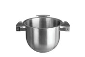 A shiny, silver stainless steel pot resembling a mixer bowl, with two wide, flat handles and a slightly flared rim. The empty pot is positioned on a plain white background, viewed from a slightly elevated angle.