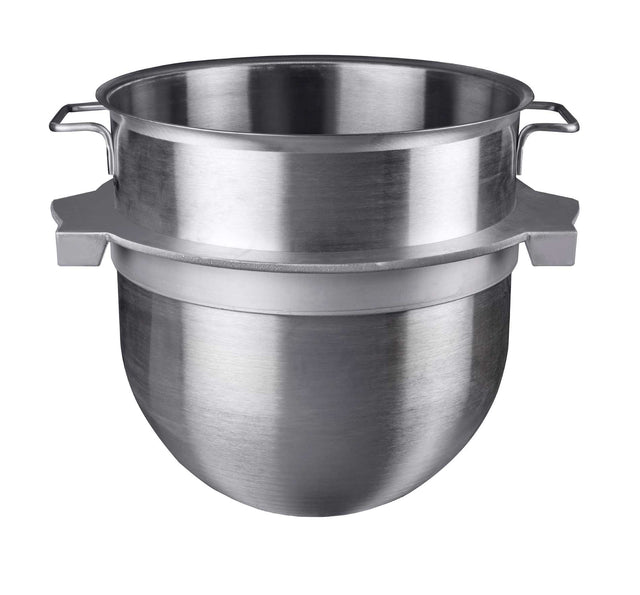 A shiny stainless steel double boiler set, similar to a Varimixer bowl, features two fitted pots: the bottom with a rounded base and the wider top with side handles. Both have brushed finishes and are neatly stacked against a white background.