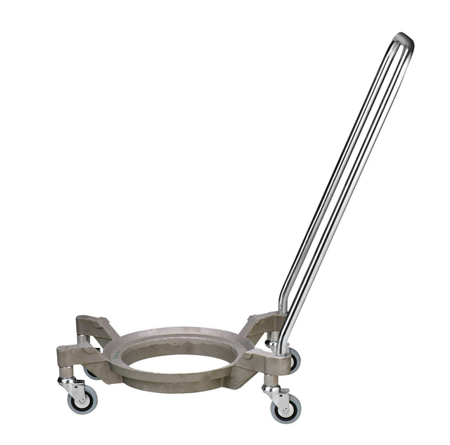A metal drum dolly with four swivel caster wheels and a curved handle. Similar to a bowl truck for a Varimixer or 150Q ERGO Mixer, its circular frame is designed to hold cylindrical containers or drums for easy transport across flat surfaces.