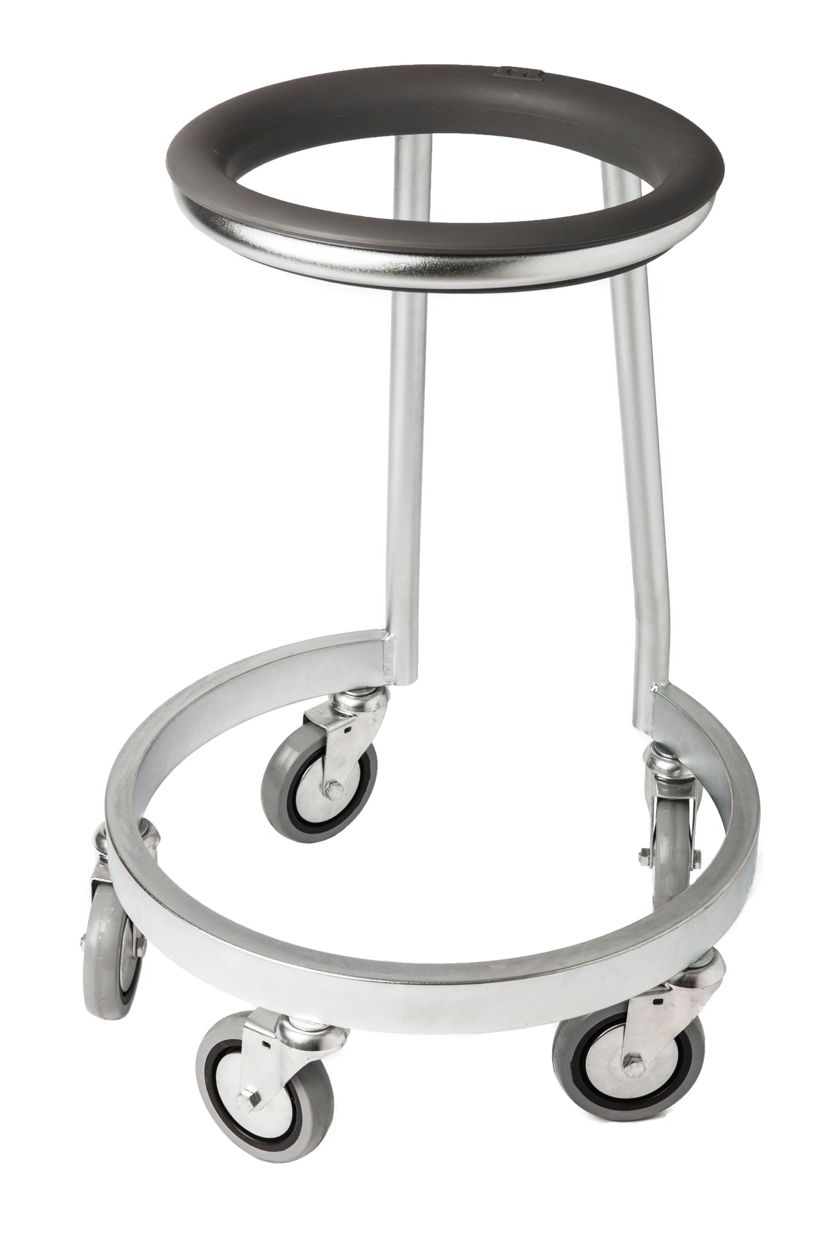 A minimalistic bowl truck designed for a Varimixer 20 qt. bowl, this metal rolling cart features four swiveling caster wheels, an open circular base, and a round padded black handle atop its silver frame—no shelves or basket included.