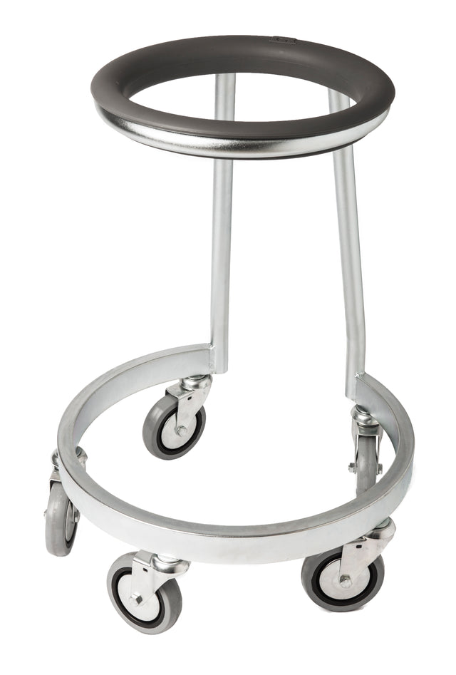 A minimalistic bowl truck designed for a Varimixer 20 qt. bowl, this metal rolling cart features four swiveling caster wheels, an open circular base, and a round padded black handle atop its silver frame—no shelves or basket included.