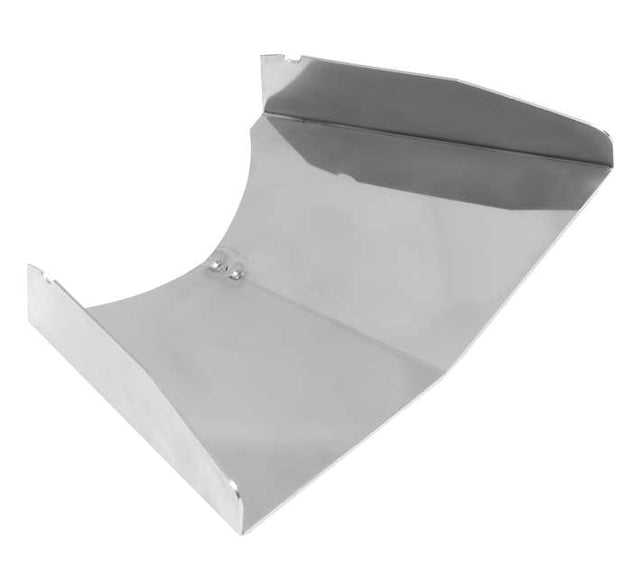 A shiny, metallic ingredient chute, model VCHUTE-05 by Varimixer, features raised sides and a slightly curved back. Made of smooth silver metal with visible screws on one side and sharp edges, it's displayed against a white background.