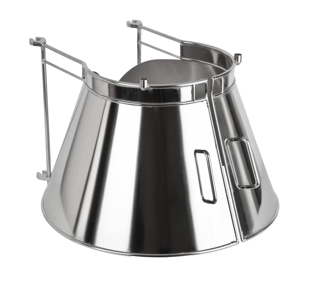 A shiny, SST fully shielded stainless steel wall-mounted cone holder with two large conical compartments, each with open tops and side handles, designed for holding and dispensing paper cones or cups. The structure has mounting brackets attached at the back.