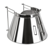 A shiny, SST fully shielded stainless steel wall-mounted cone holder with two large conical compartments, each with open tops and side handles, designed for holding and dispensing paper cones or cups. The structure has mounting brackets attached at the back.