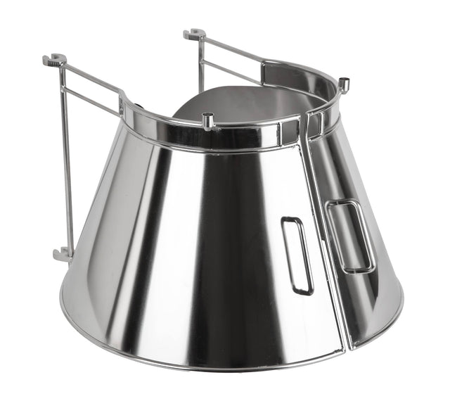 A shiny, SST fully shielded stainless steel wall-mounted cone holder with two large conical compartments, each with open tops and side handles, designed for holding and dispensing paper cones or cups. The structure has mounting brackets attached at the back.