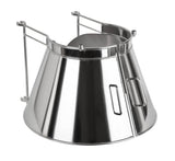 A shiny, metallic, cone-shaped object with two side handles and hinged halves resembles a Varimixer accessory. The reflective surface and brackets suggest it could be a fully shielded bowl guard or even a 100 qt bowl guard for industrial kitchen use.