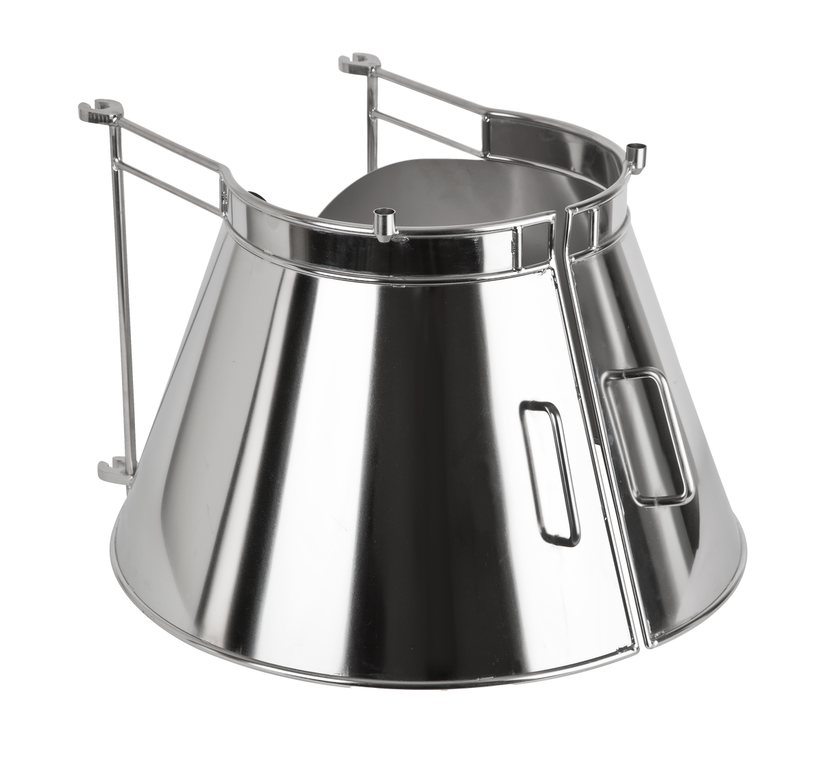 A shiny, stainless steel device shaped like a cone with an open front, two side handles, and a pair of horizontal bars attached to the top. The design resembles a Varimixer VFSRGUARD-150-ERGO 150 qt bowl guard with a reflective, industrial surface.