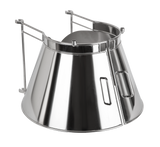 A shiny, stainless steel device shaped like a cone with an open front, two side handles, and a pair of horizontal bars attached to the top. The design resembles a Varimixer VFSRGUARD-150-ERGO 150 qt bowl guard with a reflective, industrial surface.