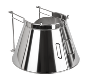 A shiny, stainless steel device shaped like a cone with an open front, two side handles, and a pair of horizontal bars attached to the top. The design resembles a Varimixer VFSRGUARD-150-ERGO 150 qt bowl guard with a reflective, industrial surface.