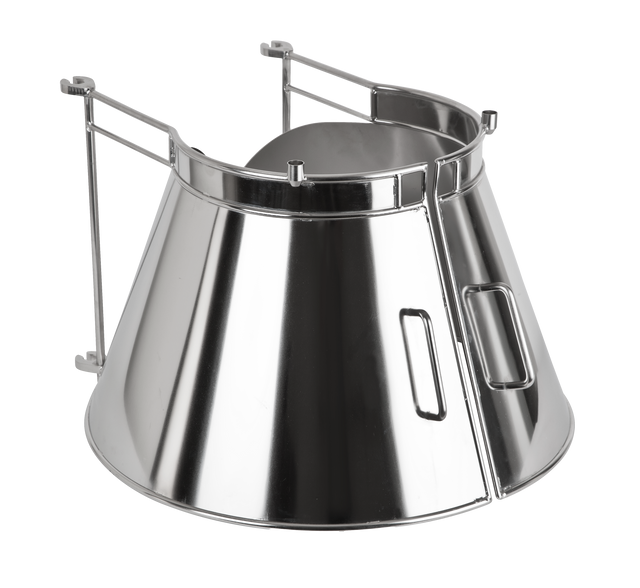 A shiny, stainless steel device shaped like a cone with an open front, two side handles, and a pair of horizontal bars attached to the top. The design resembles a Varimixer VFSRGUARD-150-ERGO 150 qt bowl guard with a reflective, industrial surface.