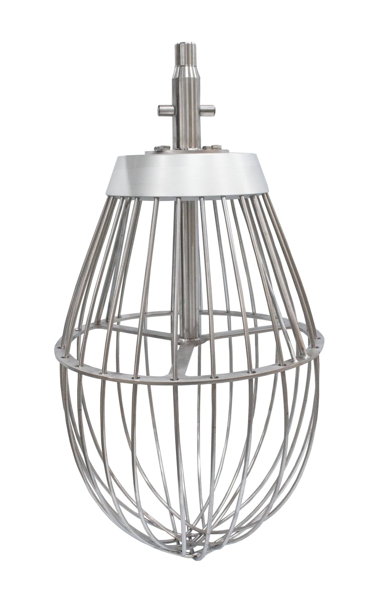 A large, stainless steel Reinforced Wire Whip for a Varimixer commercial stand mixer with a 100 qt. bowl, featuring multiple metal loops in a teardrop shape and a solid metal hub for secure attachment—industrial and sturdy in design.