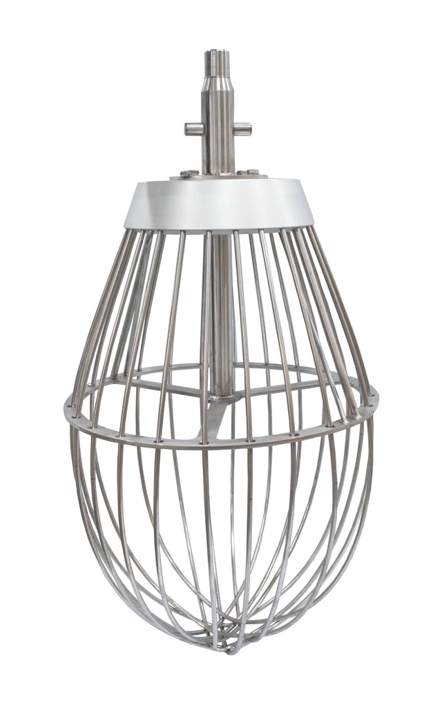 A large, stainless steel Reinforced Wire Whip for a Varimixer commercial stand mixer with a 100 qt. bowl, featuring multiple metal loops in a teardrop shape and a solid metal hub for secure attachment—industrial and sturdy in design.