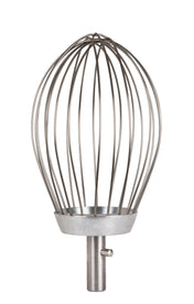 A large, industrial-style heavy duty wire whip with evenly spaced curved wires, a circular metal base, and a cylindrical connector for fitting onto a Varimixer 100Q ERGO mixer. The whisk stands upright against a white background.