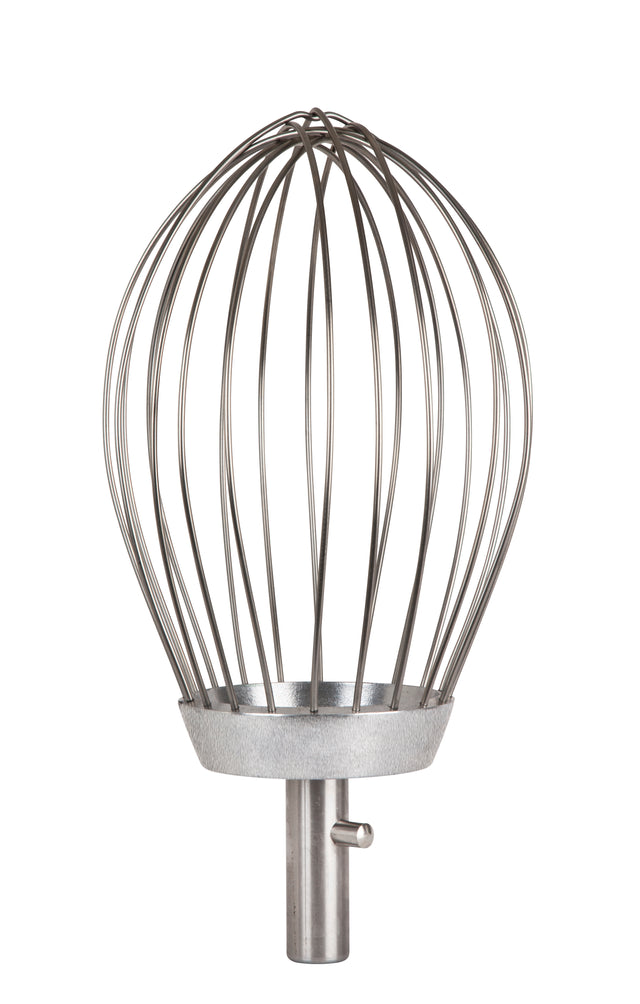 A large, industrial-style heavy duty wire whip with evenly spaced curved wires, a circular metal base, and a cylindrical connector for fitting onto a Varimixer 100Q ERGO mixer. The whisk stands upright against a white background.