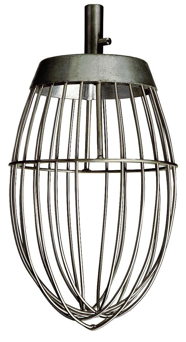 A metal Varimixer reinforced wire whip attachment, designed for use with an 80 qt. bowl. It has a bulb-shaped cage of thin, evenly spaced wires and a vertical shaft for connecting to the mixer. The whisk is silver in color.