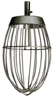 A metal Varimixer reinforced wire whip attachment, designed for use with an 80 qt. bowl. It has a bulb-shaped cage of thin, evenly spaced wires and a vertical shaft for connecting to the mixer. The whisk is silver in color.