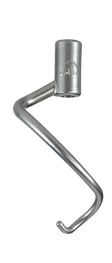 A stainless steel dough hook attachment for a stand mixer, featuring a cylindrical base with a stamped Varimixer logo and a single, spiral-shaped hook extending downward, designed for kneading dough. The background is plain white.
