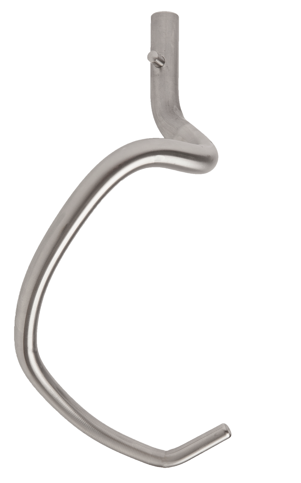 A stainless steel 20 Qt. Kodiak Dough Hook by Varimixer, featuring a smooth, curved shape with a slight twist, designed for use with a stand mixer and shown isolated on a white background.