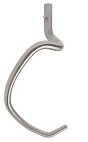 A stainless steel 20 Qt. Kodiak Dough Hook by Varimixer, featuring a smooth, curved shape with a slight twist, designed for use with a stand mixer and shown isolated on a white background.