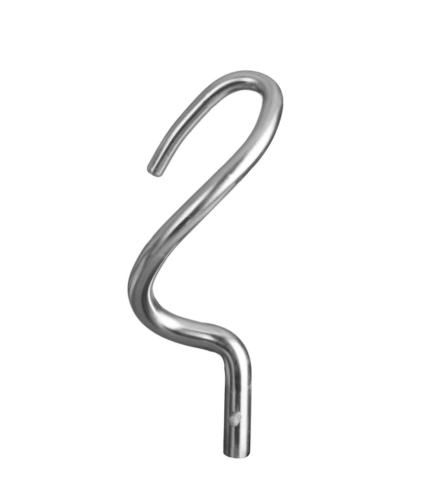 A stainless steel hook with a spiral shape, designed for the Varimixer 20 Qt. Kodiak Mixer. This shiny, reflective dough hook features a smooth surface and an S-like curve, perfect for efficient mixing in your stand mixer.