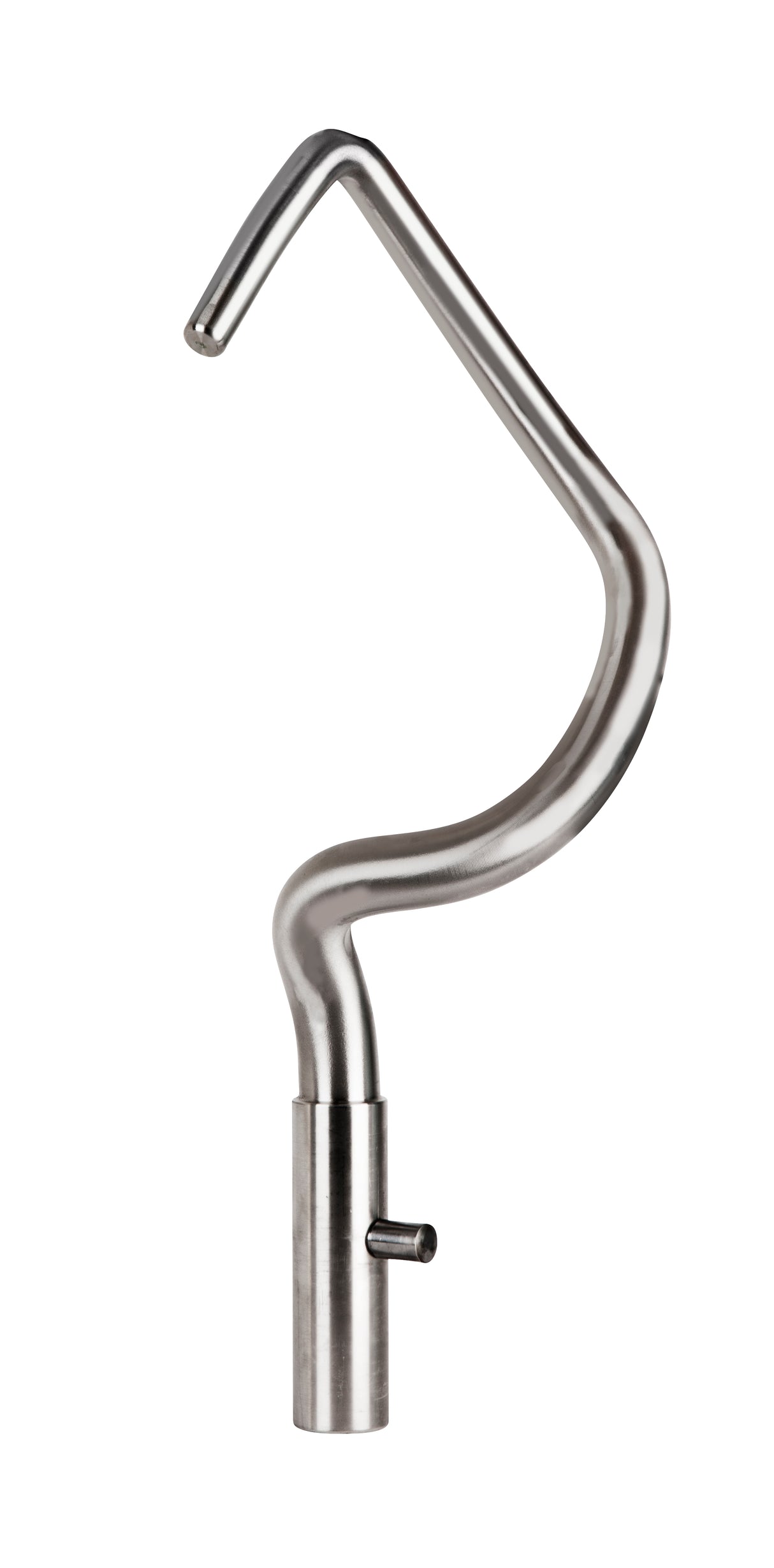 A shiny Varimixer stainless steel hook dough attachment for a stand mixer, featuring a unique spiral shape with a rounded tip and cylindrical base labeled VHOOK16-30. The hook is isolated on a white background.