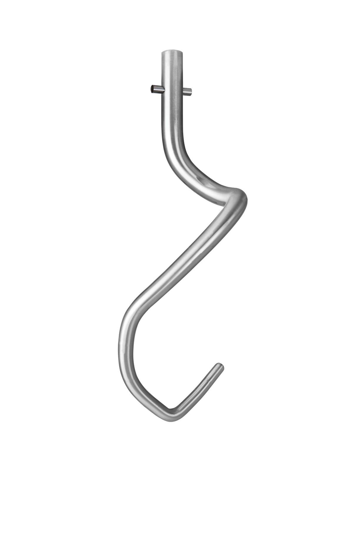 A metallic Dough Hook attachment for the Varimixer 100Q ERGO Mixer, shaped in a spiral with a central shaft for mixer connection. The S-like hook curves downward, ideal for kneading dough on a plain white background.