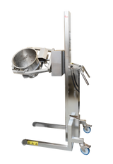 A stainless steel Varimixer Flexlift industrial lifting machine with blue caster wheels and a mounted tilting 30-80 L bowl, designed for lifting and pouring. The device features control handles and warning labels, set against a plain white background.