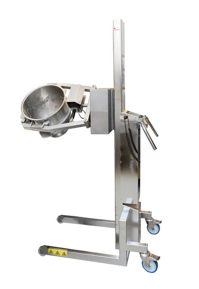 A stainless steel Varimixer Flexlift industrial lifting machine with blue caster wheels and a mounted tilting 30-80 L bowl, designed for lifting and pouring. The device features control handles and warning labels, set against a plain white background.