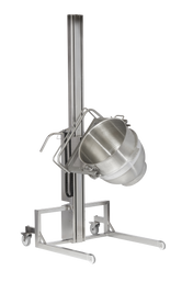 The Varimixer Maxilift Inox is a stainless steel industrial mixing bowl lift with a 140 L capacity, featuring a vertical frame on wheels and a tilting mechanism to securely hold and rotate large bowls for easy pouring. Positioned against a plain white background.