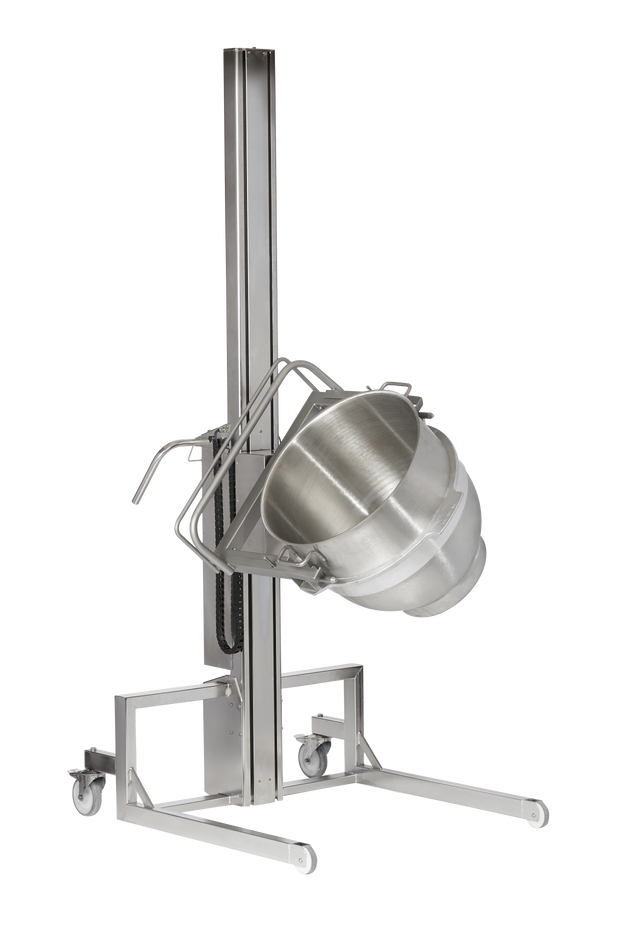 The Varimixer Maxilift Inox is a stainless steel industrial mixing bowl lift with a 140 L capacity, featuring a vertical frame on wheels and a tilting mechanism to securely hold and rotate large bowls for easy pouring. Positioned against a plain white background.