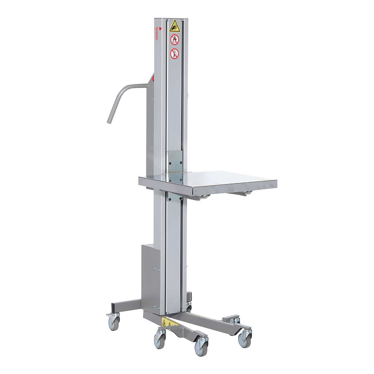 A silver, wheeled MultiLift Bowl Lift with a vertical column, handle, and flat adjustable platform. The base has four swivel caster wheels. Designed for lifting or transporting 30-60qt items, warning labels are visible at the top of the column.