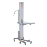 A silver, wheeled MultiLift Bowl Lift with a vertical column, handle, and flat adjustable platform. The base has four swivel caster wheels. Designed for lifting or transporting 30-60qt items, warning labels are visible at the top of the column.