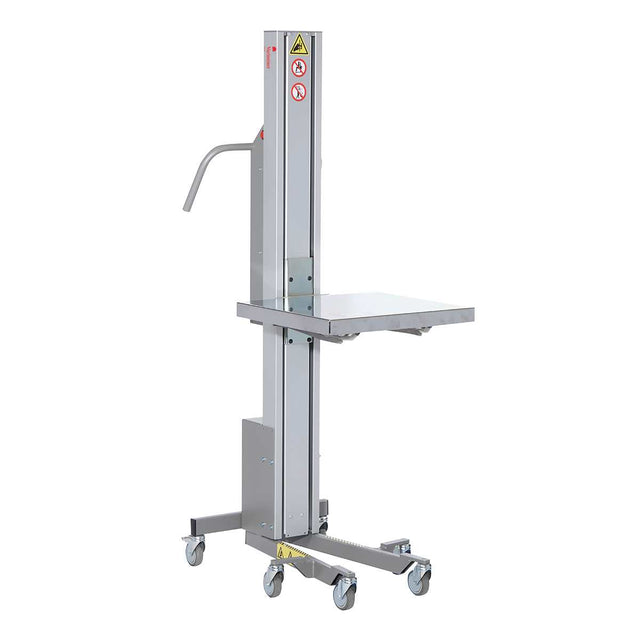 A silver, wheeled MultiLift Bowl Lift with a vertical column, handle, and flat adjustable platform. The base has four swivel caster wheels. Designed for lifting or transporting 30-60qt items, warning labels are visible at the top of the column.