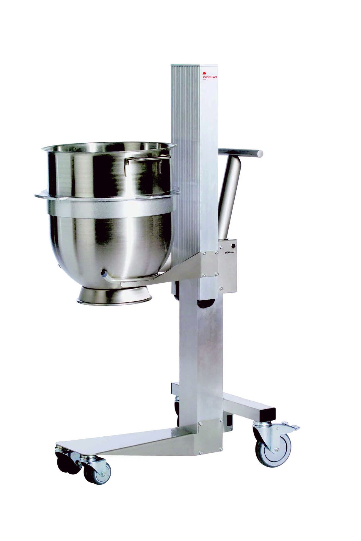 The Varimixer Easylift 150 Bowl Lift features a large, industrial stainless steel bowl supported by a vertical metal stand with wheels and a handle for easy transport and height adjustment, set against a white background.