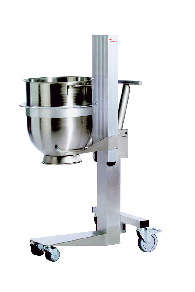 The Varimixer Easylift 150 Bowl Lift features a large, industrial stainless steel bowl supported by a vertical metal stand with wheels and a handle for easy transport and height adjustment, set against a white background.