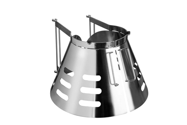 A shiny, metallic, cone-shaped object with vertical slits and two metal handles on the sides. The Varimixer VPSRGUARD-100-ERGO features an adjustable bracket with parallel rods and curved supports. Its reflective surface showcases a modern, industrial design.