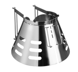 A shiny metal surgical instrument shaped like a cone with side slots and hinged arms at the top, featuring an SST partially shielded design; it fits around the neck like an Elizabethan collar, commonly used to restrict an animal's head movement.