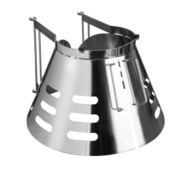 A shiny metal surgical instrument shaped like a cone with side slots and hinged arms at the top, featuring an SST partially shielded design; it fits around the neck like an Elizabethan collar, commonly used to restrict an animal's head movement.