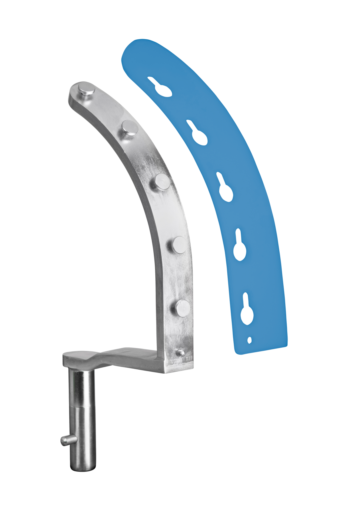 A curved, metallic orthopedic implant with a row of screw holes is shown next to a semi-transparent, blue overlay illustrating its shape and hole placements, reminiscent of precise engineering seen in Varimixer or 20 qt mixer bowl scraper designs.
