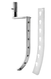 A metal L-shaped bracket with bolts along its curve sits beside a white, curved strip with evenly spaced, keyhole-shaped cutouts. Ideal for an 80 qt. Varimixer, the bracket has a cylindrical attachment at the top. Both objects are isolated on a white background.