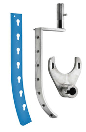 Three metallic mechanical parts are shown upright on a white background: a long blue strip with keyhole-shaped holes, an L-shaped bracket with bolts, and a forked U-shaped component, similar to parts found in a Middleby Varimixer bowl scraper for a 100 qt. bowl.