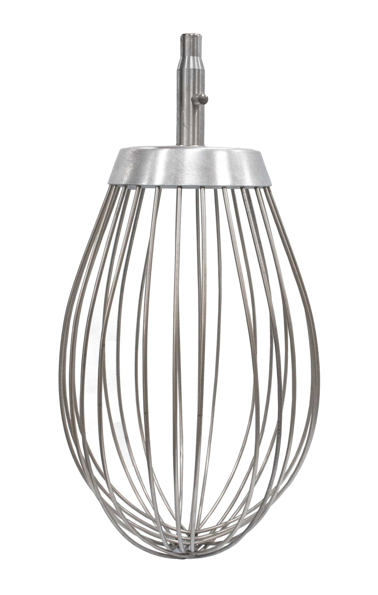 A stainless steel wire whip with a cylindrical connector at the top. The wires form a balloon shape, ideal for mixing or whipping ingredients in a 100 qt. bowl. Shiny and durable, it's perfect for heavy-duty kitchen tasks.