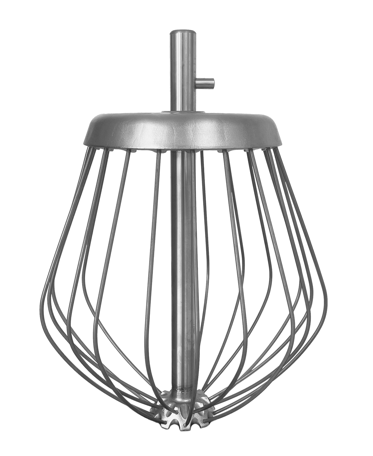 A stainless steel wire whisk attachment for a stand mixer, featuring multiple curved wires converging at the bottom and connected to a solid central hub with a cylindrical shaft. Compatible with the 20 Qt. Kodiak Whip Varimixer. The background is plain white.